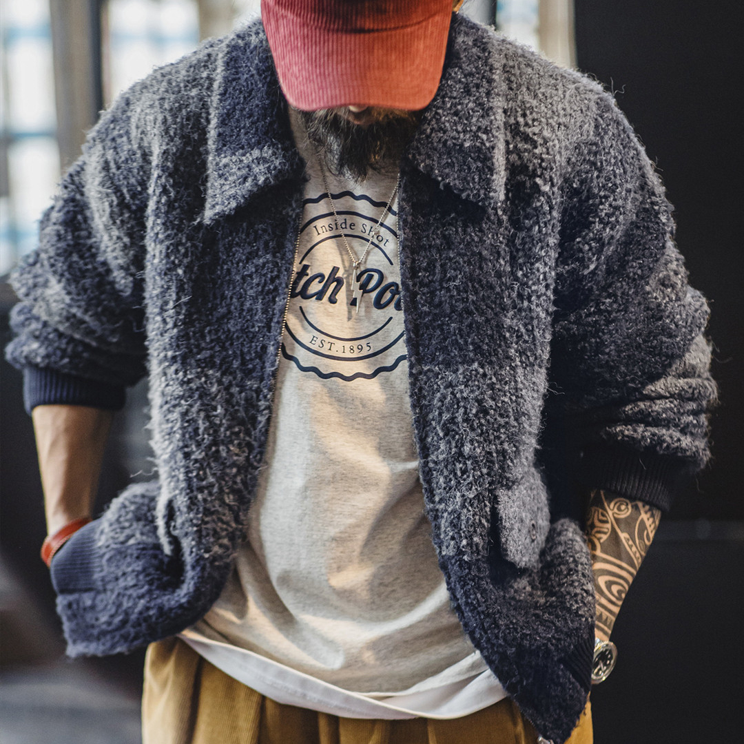 美式復古水牛格子毛織外套混紡翻領格紋開衫夾克男秋