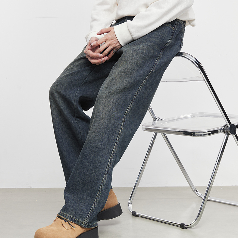 復型男士復古加絨直筒牛仔褲秋冬寬鬆休閒潮流做舊闊腿褲