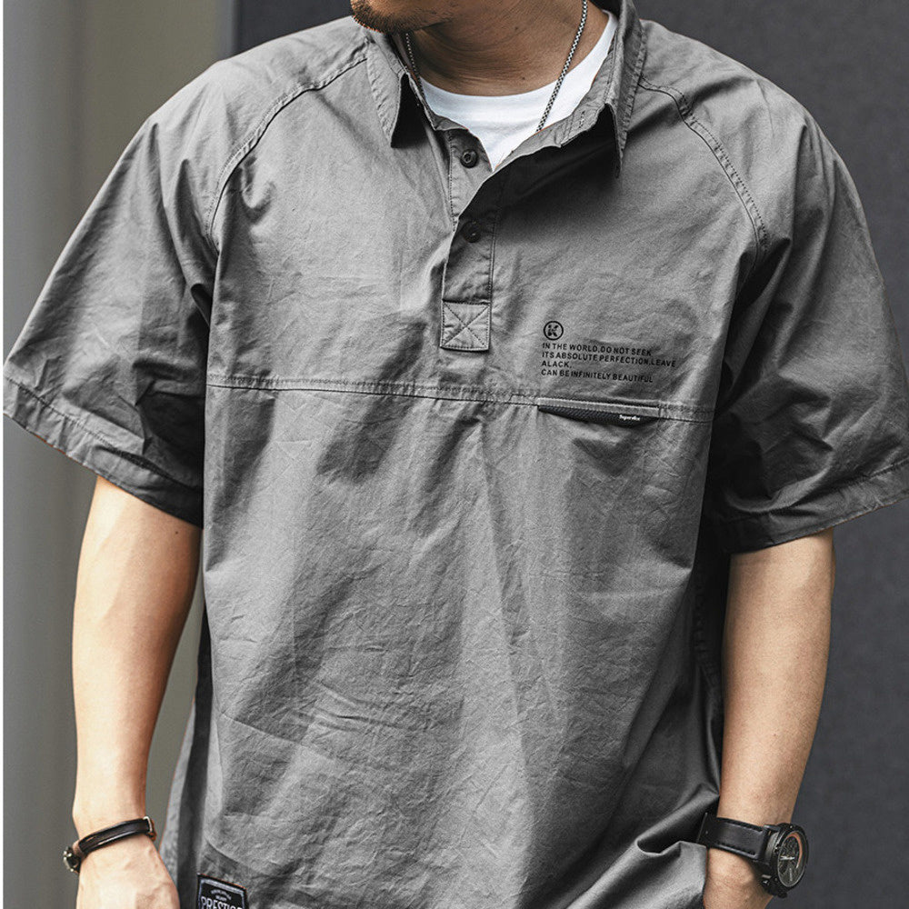 夏季純棉工裝襯衫男Polo衫寬松襯衣男士美式休閑復古短袖t恤