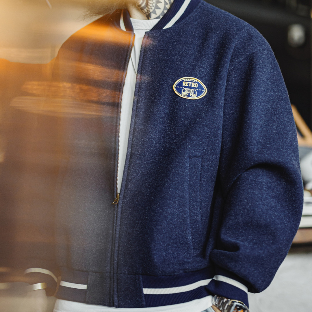 美式復古藍色針織棒球服夾克痞帥刺繡撞色短款外套男士秋