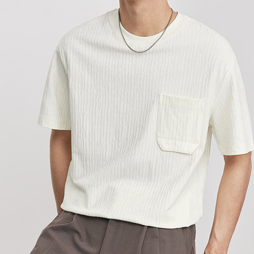 口袋裝飾豎條肌理感短袖 T 恤肌男夏季新款圓領寬鬆簡約T恤