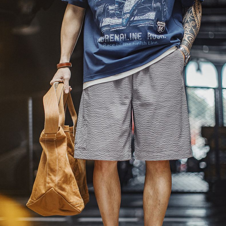 美式休閒泡泡紗短褲棉透氣日系通勤簡約五分褲男春夏