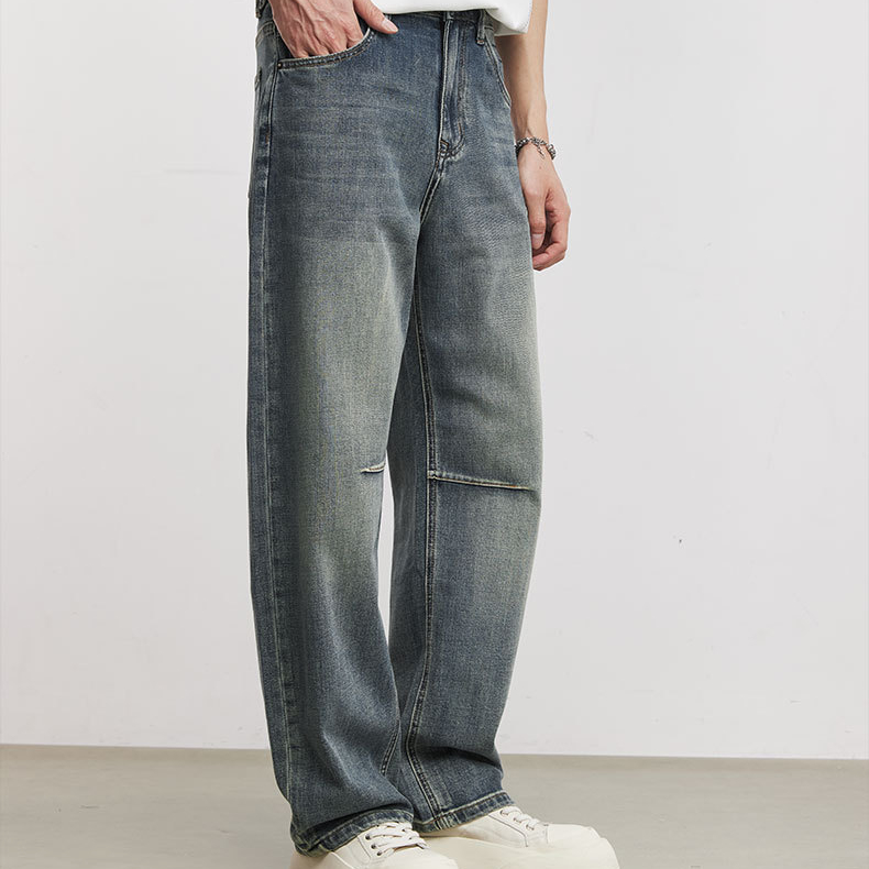 做舊水洗割破牛仔褲男夏季美式復古漸變垂感寬鬆直筒闊腿褲