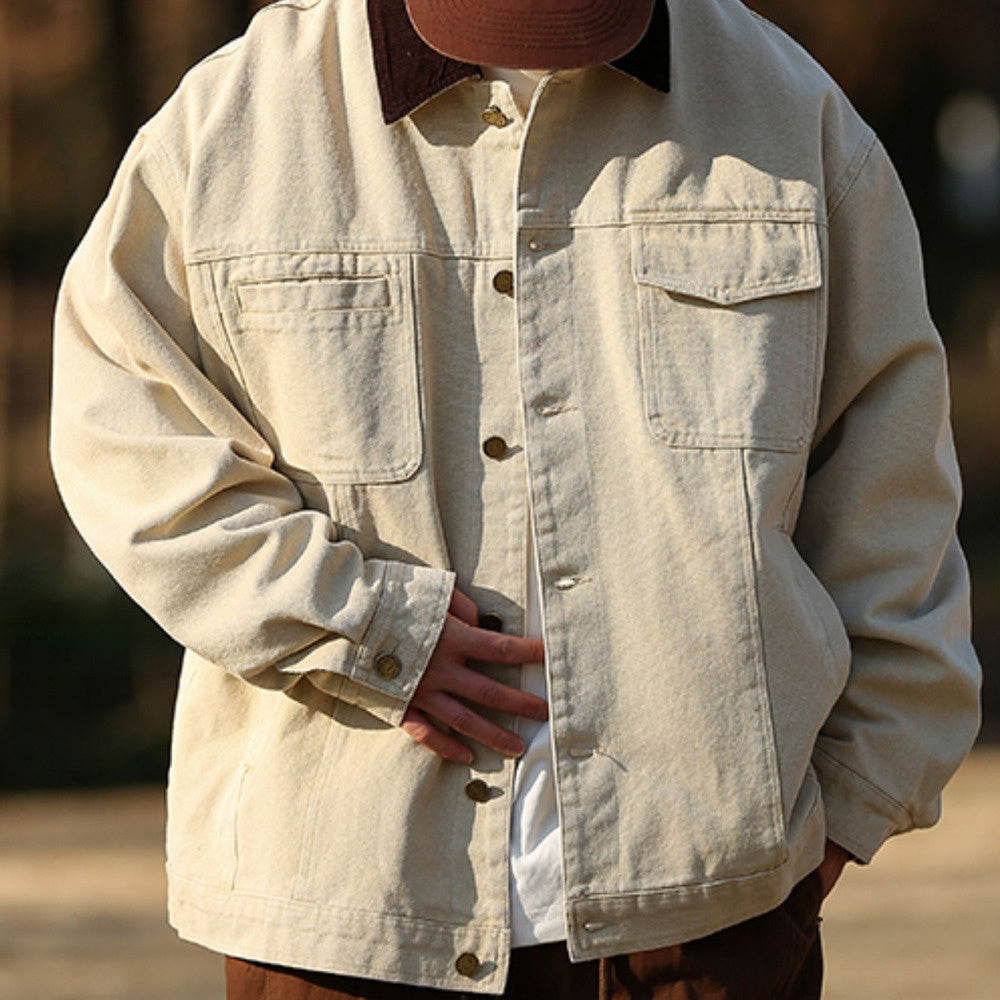 秋季翻領純色牛仔夾克男女寬松復古底特律多口袋工裝外套