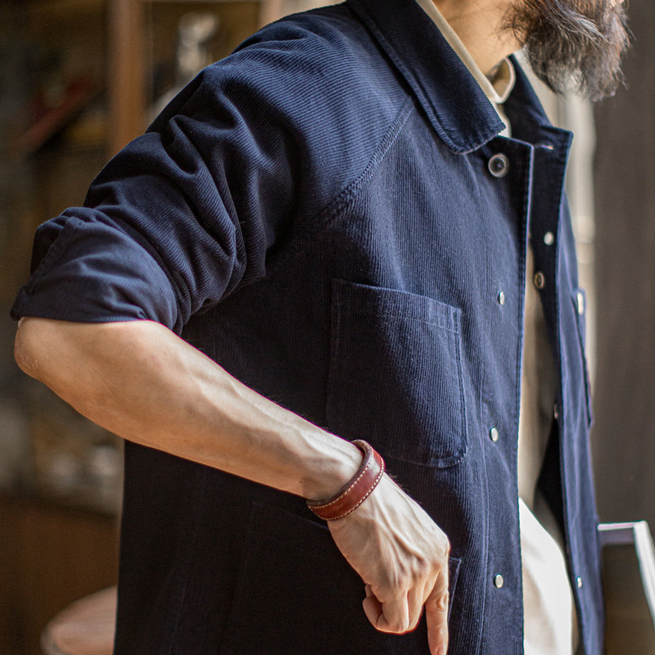 美式復古燈芯絨四袋獵裝夾克短款藏藍色翻領薄款外套男春