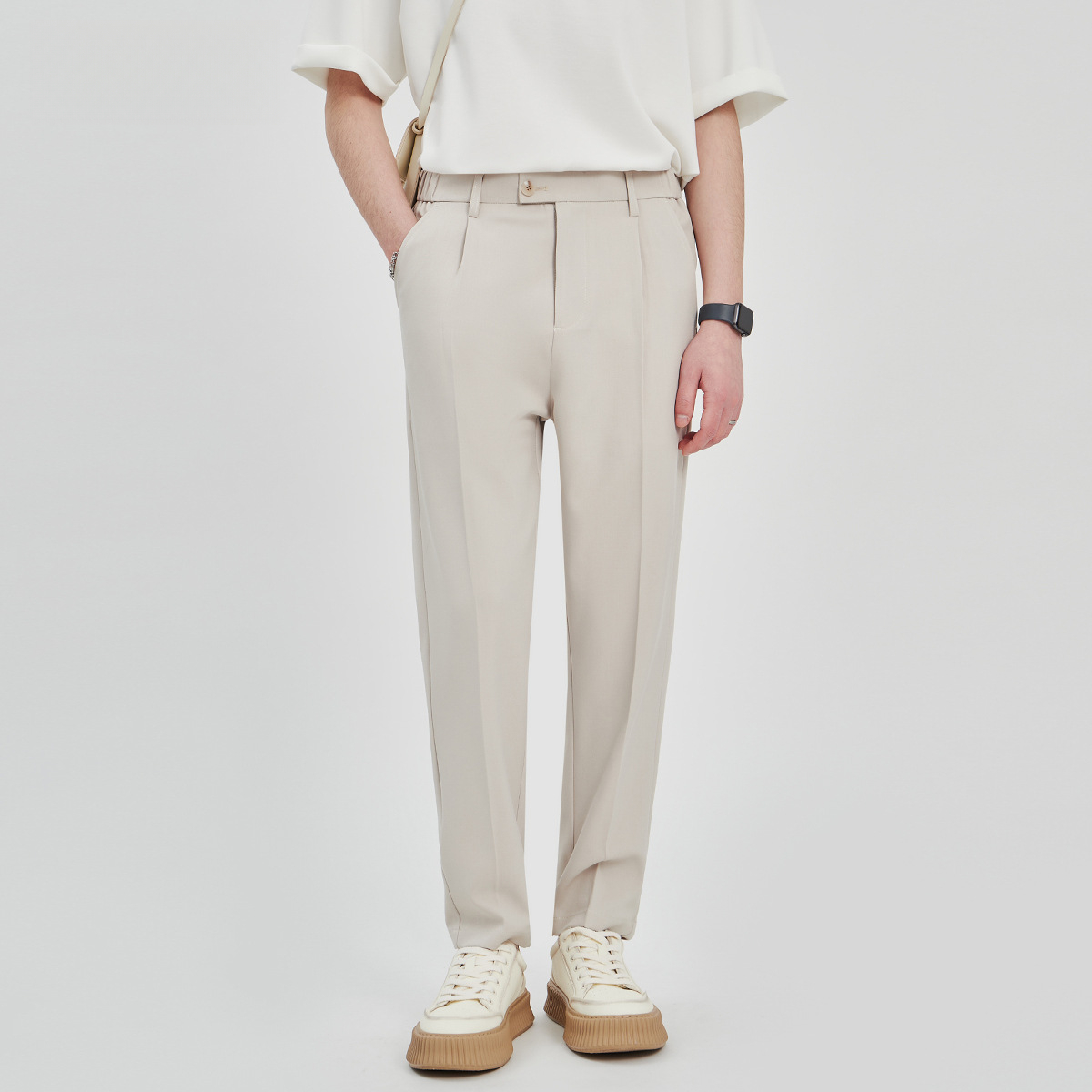 重磅男士休閒褲夏季新款抗皺梭織寬鬆直筒西褲九分褲