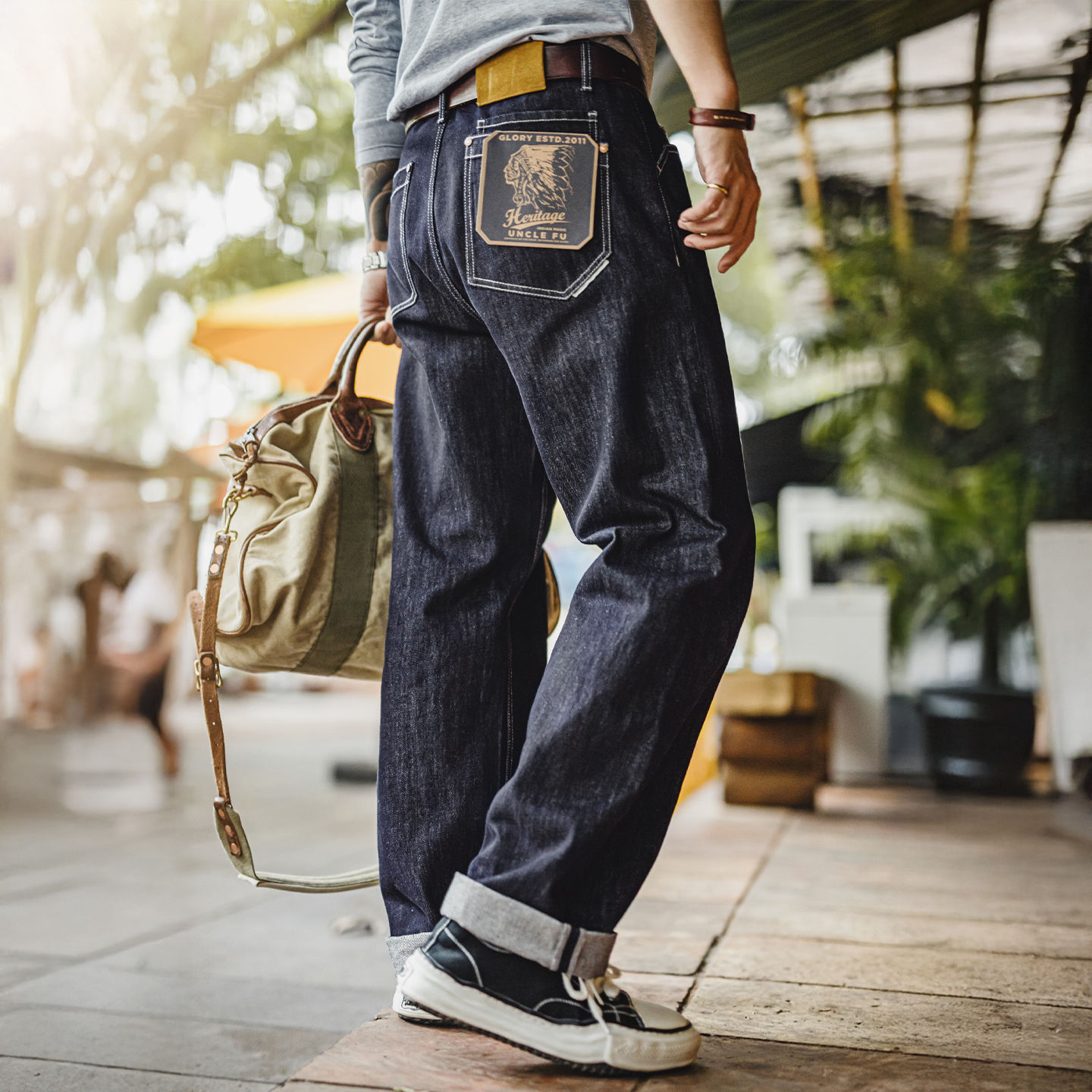 美式復古原牛色水洗牛仔褲直筒丹寧休閒褲闊腿長褲男秋冬