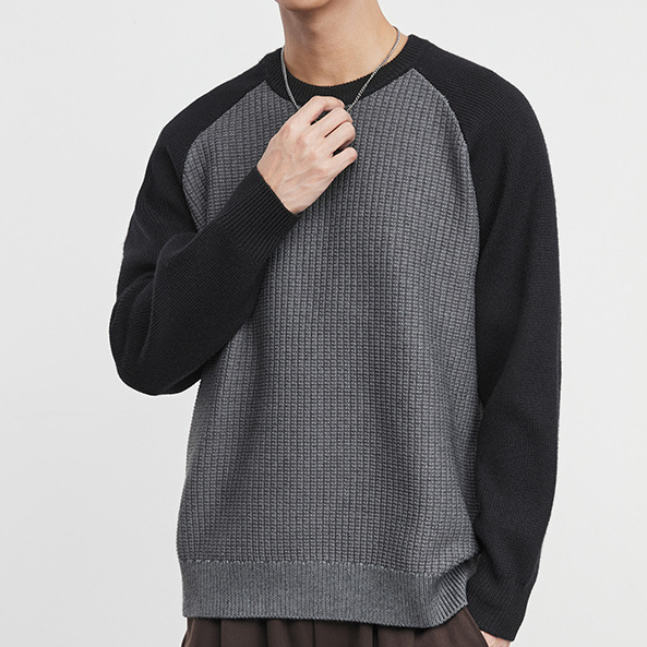 簡潮重磅拼色圓領毛衣男冬季肌理感美式拼接打底針織衫