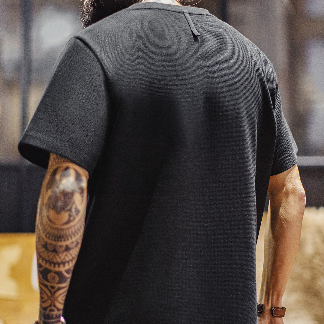 美式復古華夫格圓領短袖T恤阿美咔嘰印第安印花上衣男夏