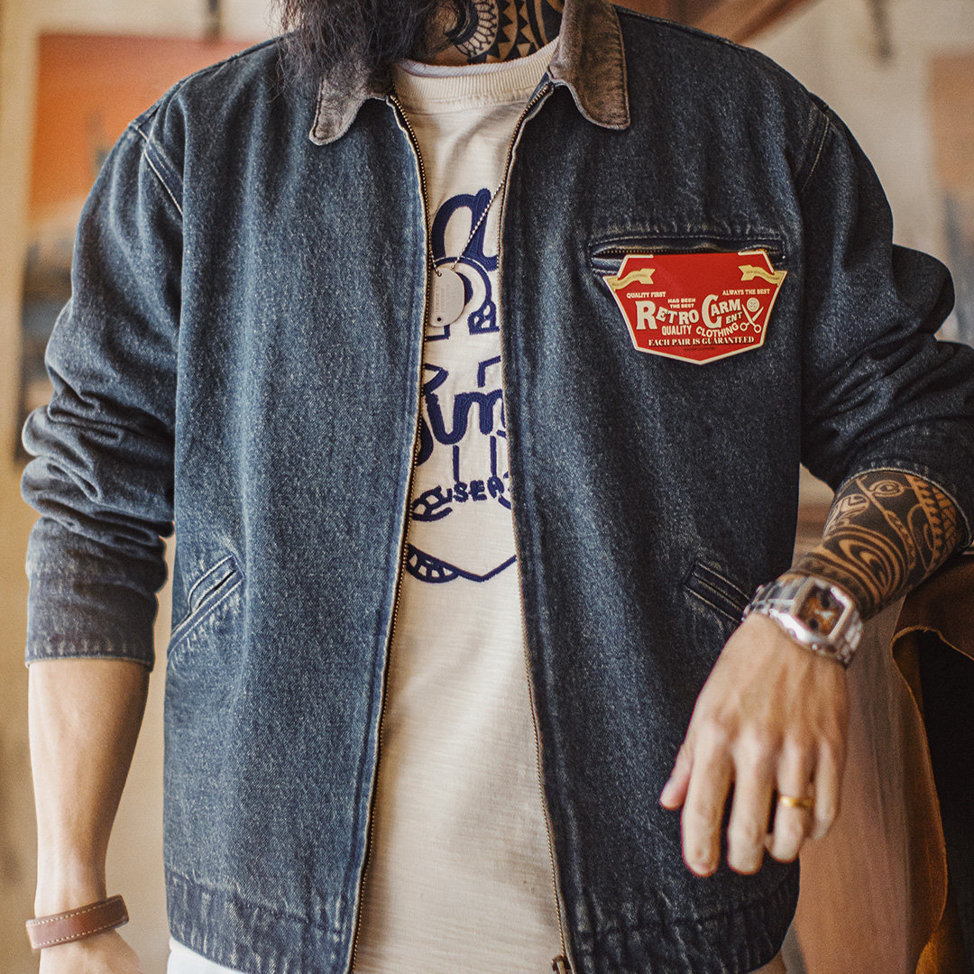 美式復古牛仔底特律夾克水洗做舊短款休閒翻領外套男款春