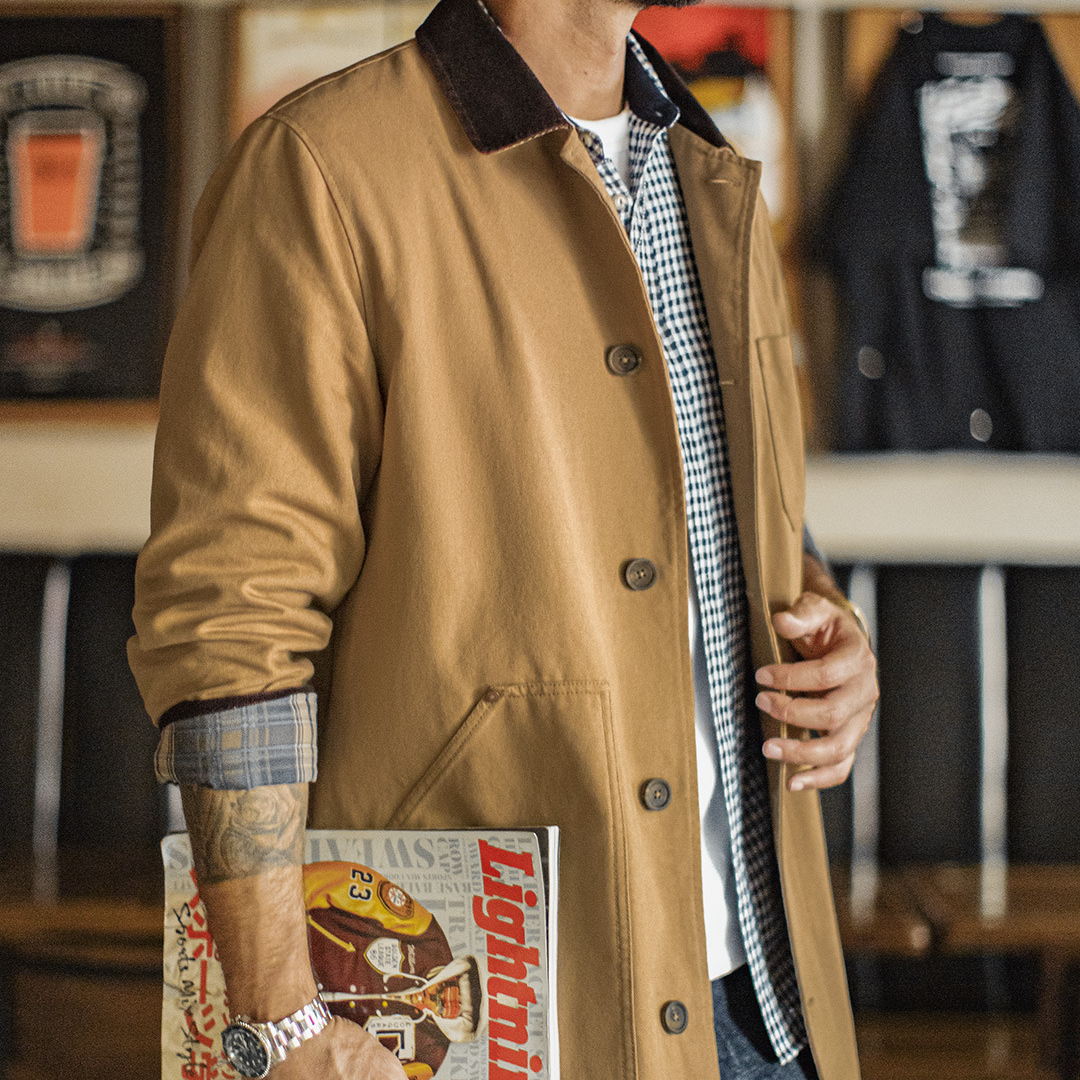 美式復古密歇根風衣卡其色巴恩風中長款廓形夾克外套男秋