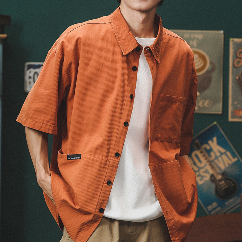 工裝短袖襯衫男寬松肌理感襯衣夏季美式高街潮牌上衣外套