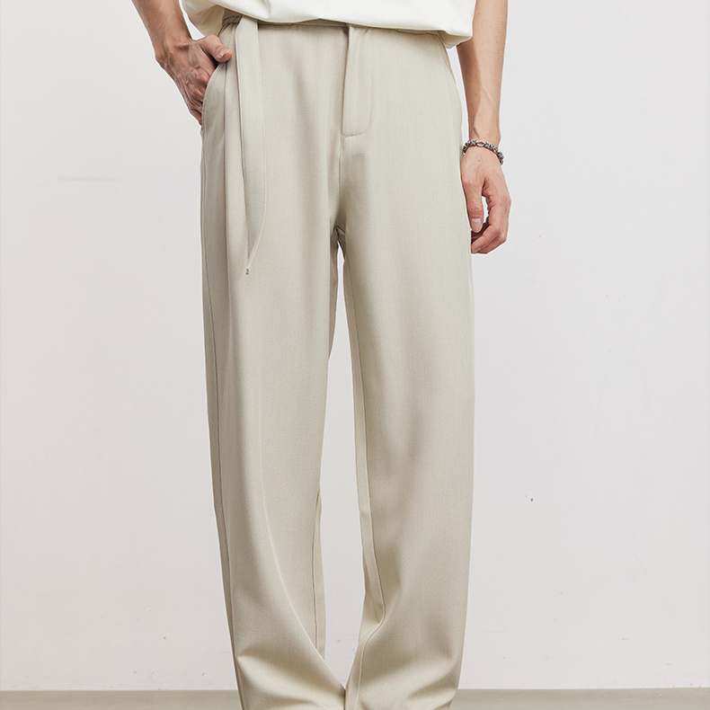 垂墜肌理冰絲抽繩商務休閒褲男夏季寬鬆直筒通勤褶皺闊腿西褲