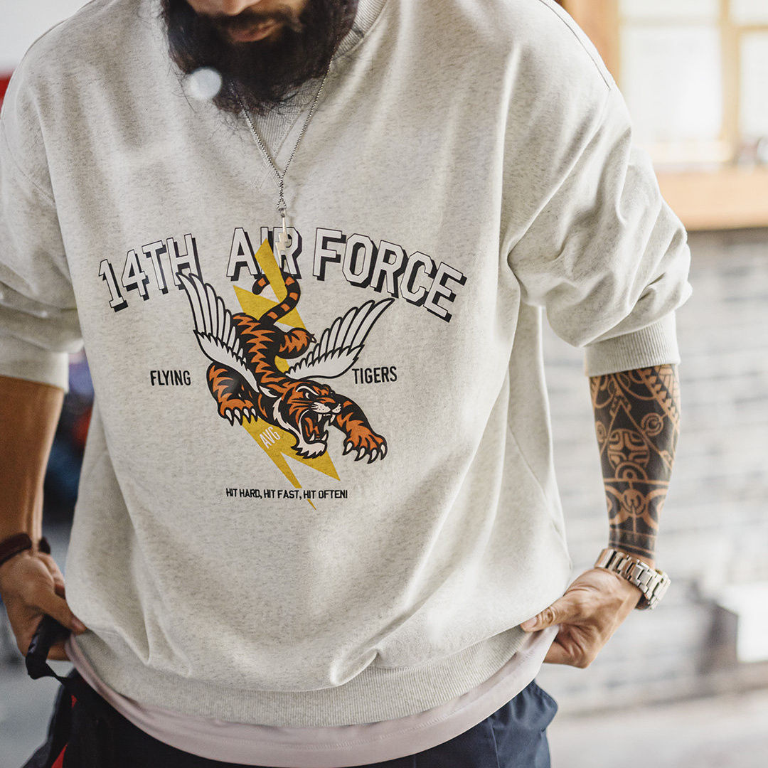 美式印花灰色圓領衛衣橫須賀寬鬆落肩套頭長袖T恤男款春