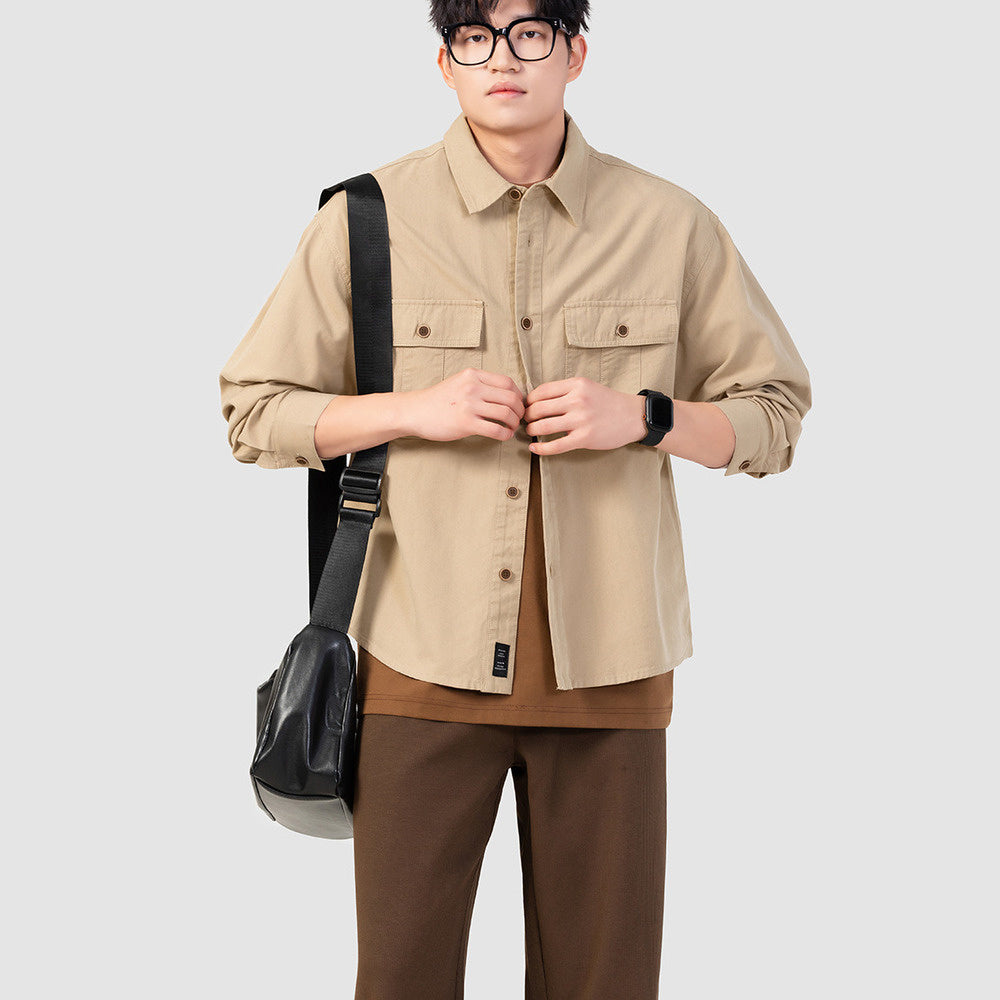 春季美式休閑cleanfit卡其色襯衣簡約工裝寸衫男外套長袖