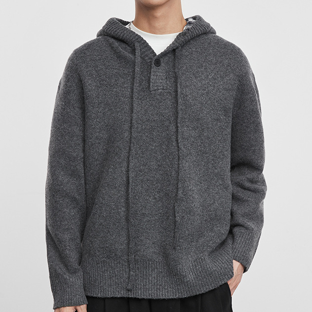 帽織男裝連帽紐釦針織毛衣秋冬寬鬆休閒套頭毛衫潮流上衣