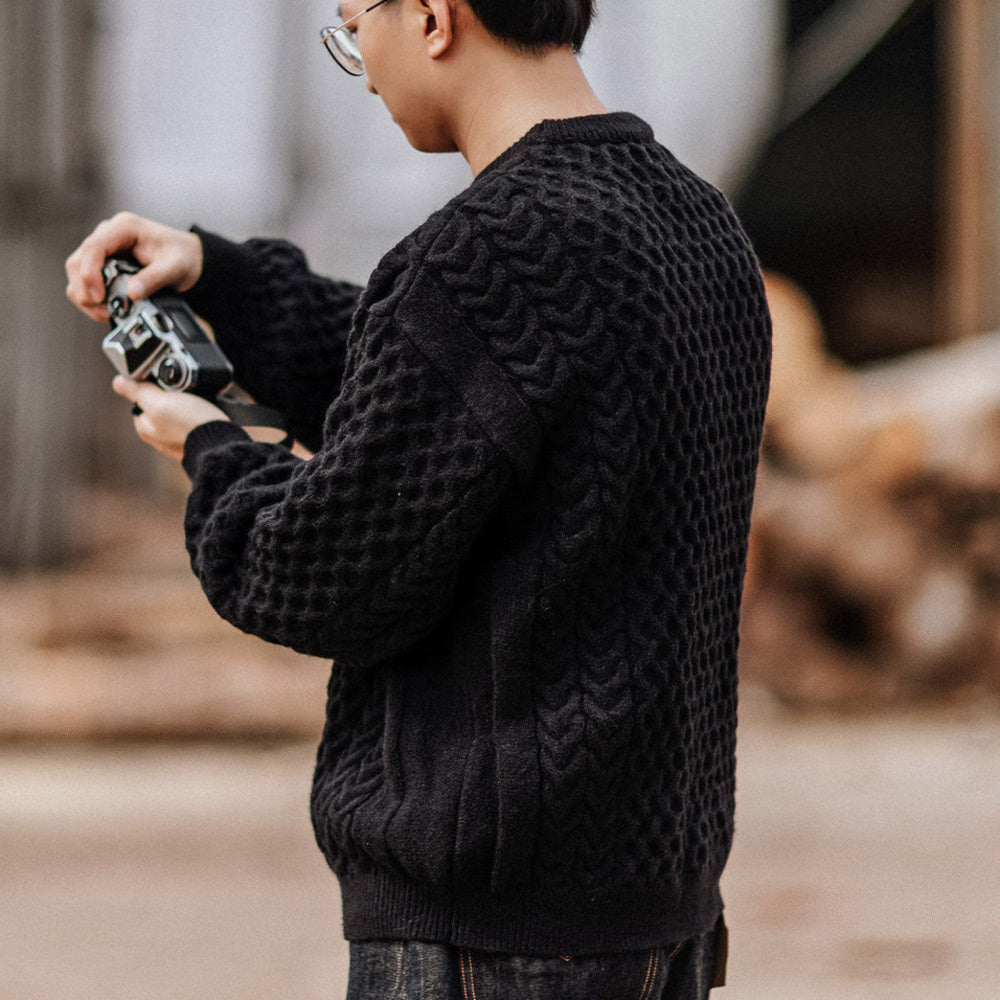 靛海阿美咔叽麻花寬松圓領針織衫男美式落肩套頭毛衣秋冬