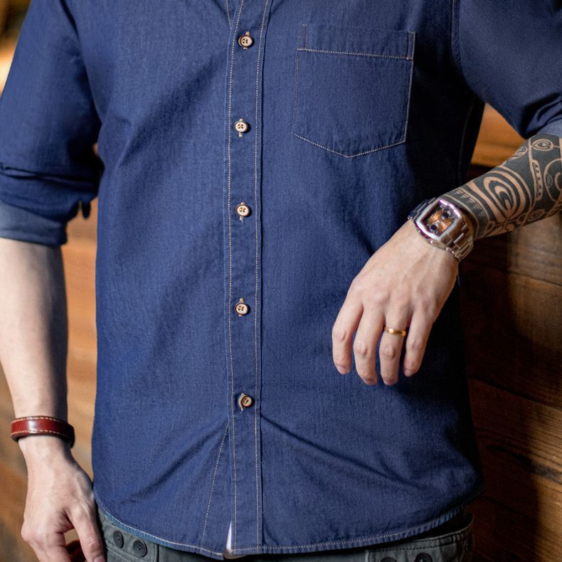 美式復古單口袋工裝牛仔襯衫丹寧休閒長袖修身襯衣男春季