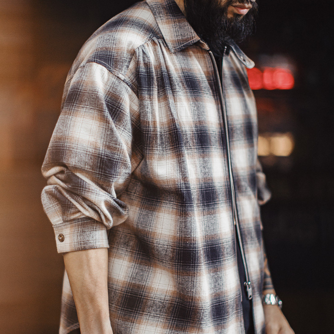 美式復古格子拉鍊襯衫翻領格紋純棉外套開衫長袖襯衣男春