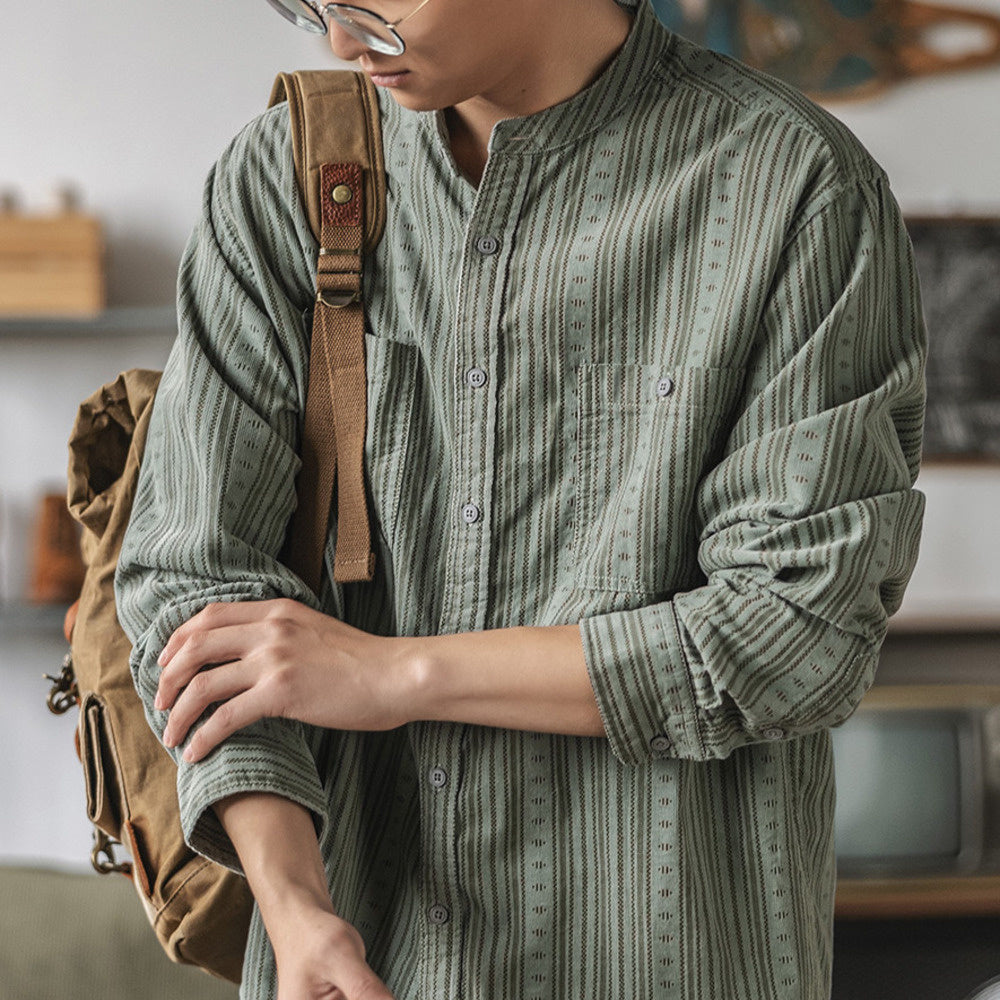 美式民族風圓領長袖襯衫男 條紋亨利立領寬松襯衣秋
