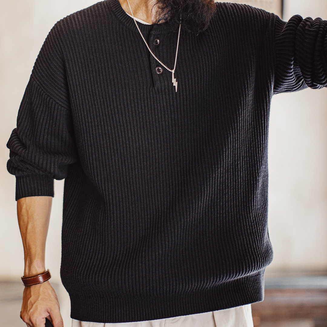 美式重磅亨利領毛衣黑色外穿高克重垂感通勤套頭寬鬆男冬