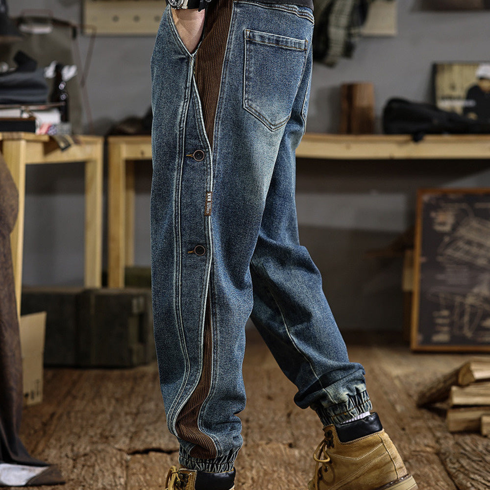 高級感排扣設計牛仔褲男寬松束腳潮流百搭美式復古撞色哈倫休閑褲