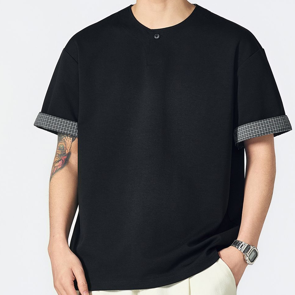 重磅260g格紋拼接小V領T恤男夏季亨利領寬鬆休閒街頭通勤短袖