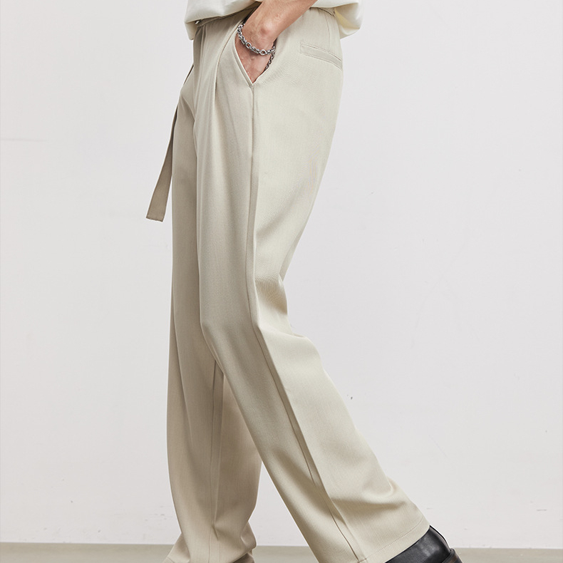 垂墜肌理冰絲抽繩商務休閒褲男夏季寬鬆直筒通勤褶皺闊腿西褲