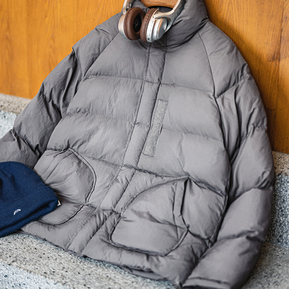 美式灰色尼龍棉服插肩袖外套珍珠棉立領加厚保暖短款夾克