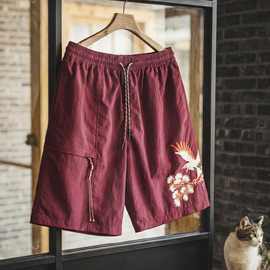 美式橫須賀刺繡短褲寬鬆紅色塔絲隆沙灘薄款五分褲男夏季