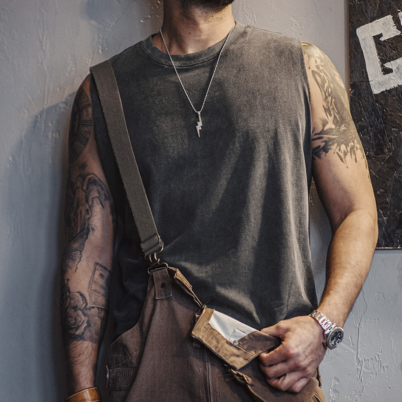 美式復古硬漢做舊背心純棉運動健身打底坎肩無袖T恤男夏
