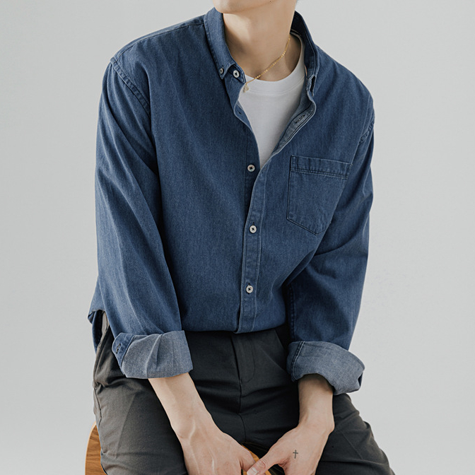 牛仔長袖襯衫男青年春秋韓版潮流休閒純色工裝襯衣外套男