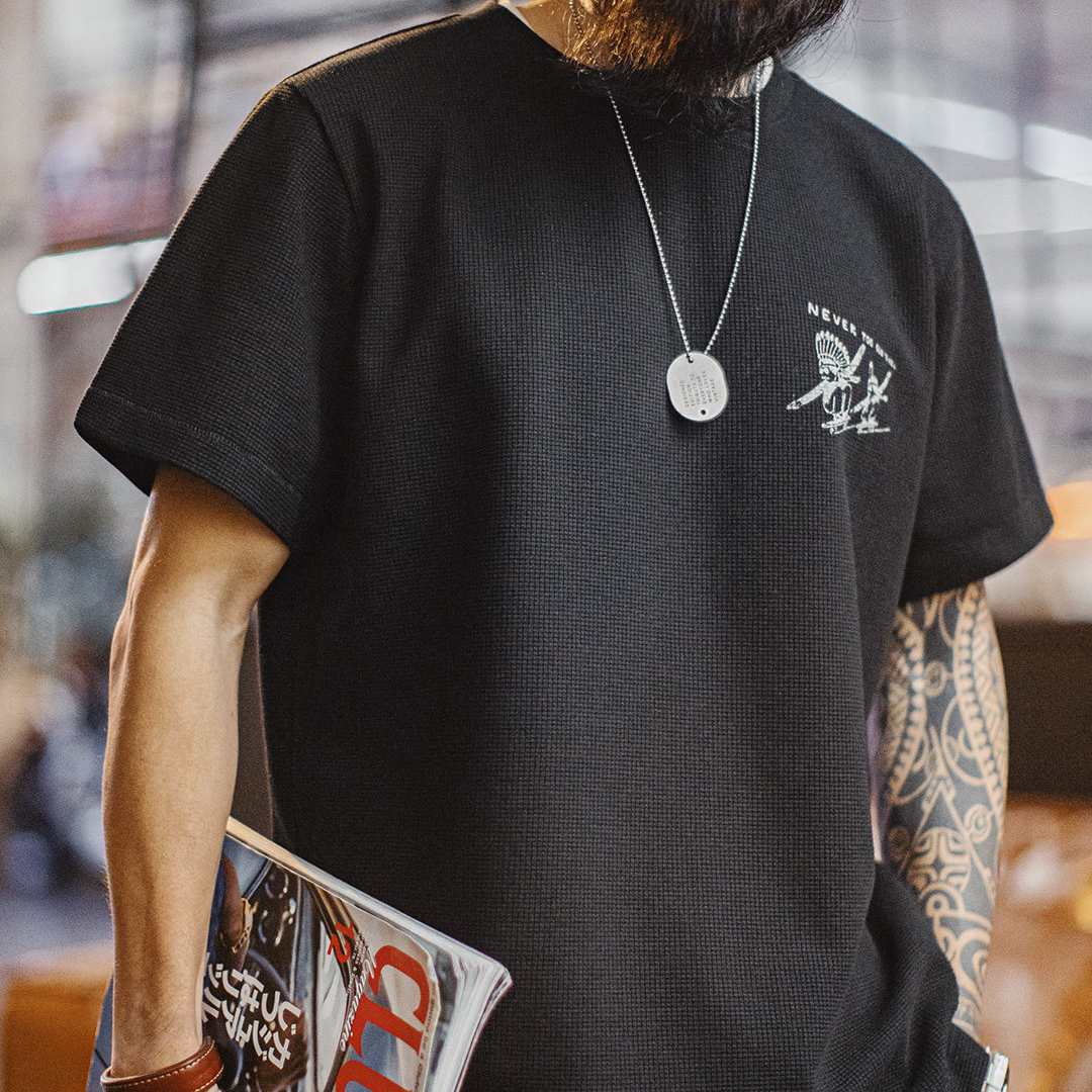 美式復古華夫格圓領短袖T恤阿美咔嘰印第安印花上衣男夏