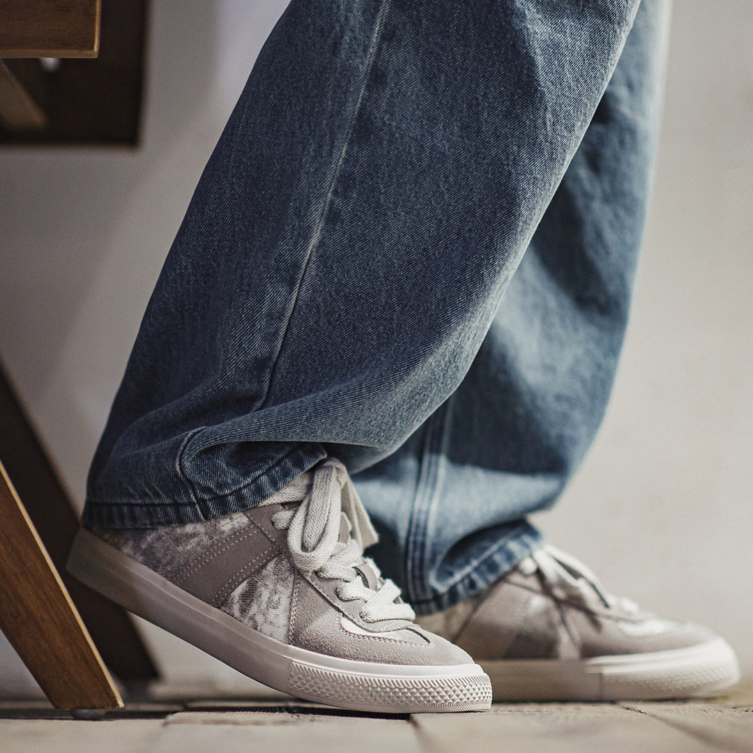 灰影德訓鞋男春季新款復古扎染帆布板鞋平底休閒百搭阿甘鞋子