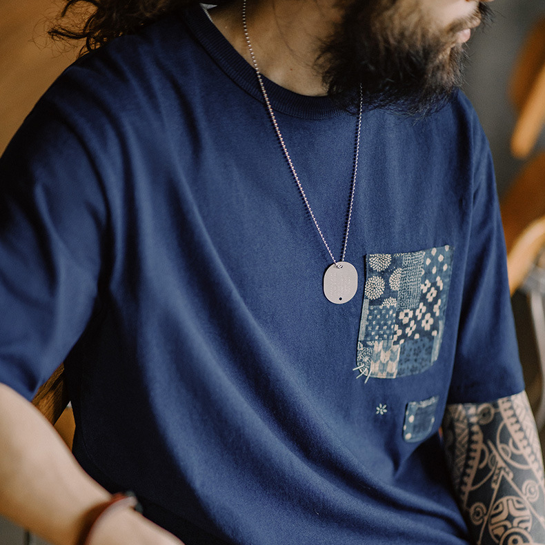 植物藍染古布拼接口袋T恤美式復古indigo純棉上衣男夏季