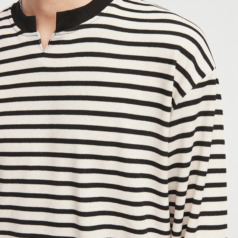 美式小V領210g條紋長袖簡敘T恤男秋冬季新款打底衫上衣潮