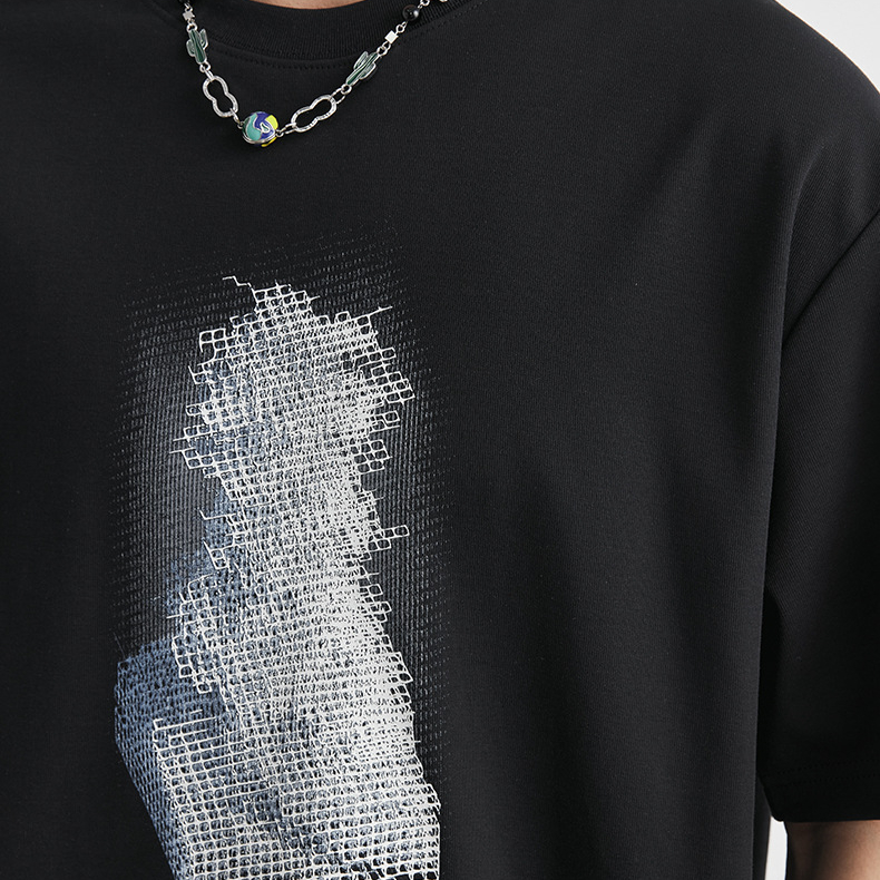 重磅220g棉紡親膚網格漸變T恤男夏季圓領寬鬆街頭潮流短袖