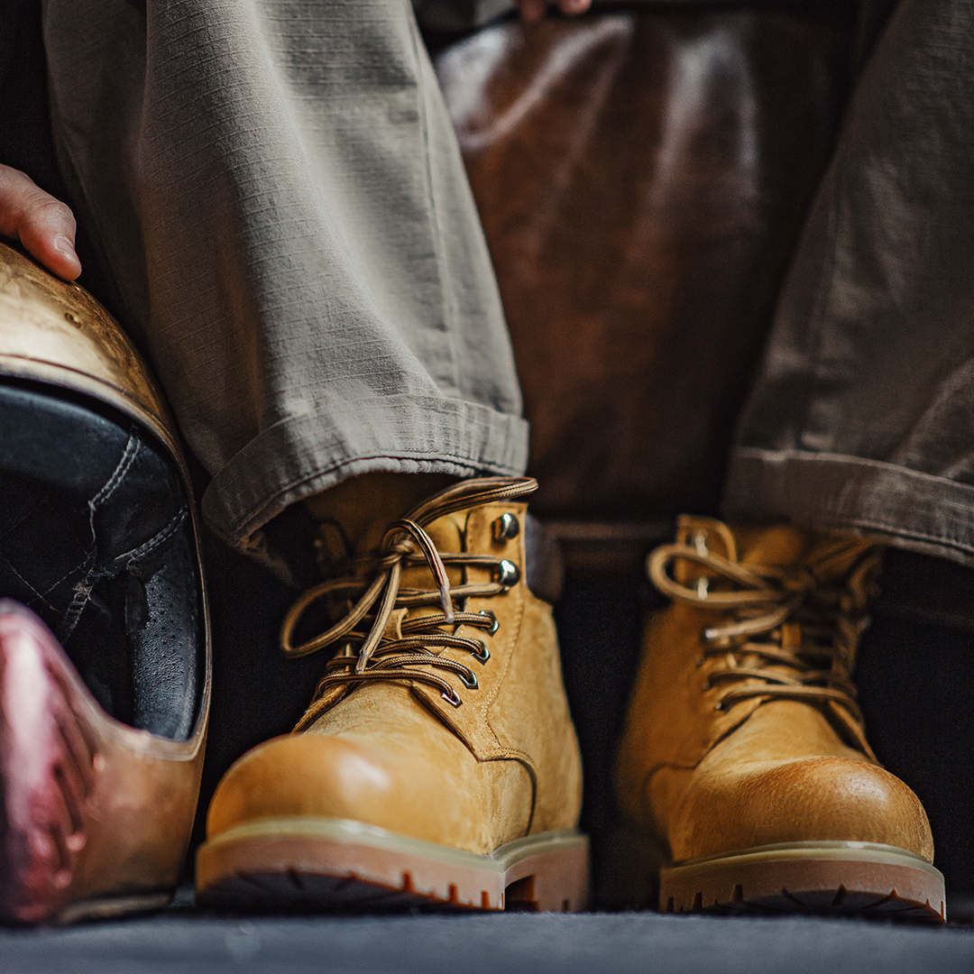 無界翻轉大黃靴男秋冬新款翻蓋中幫真皮復古美式工裝馬丁靴子