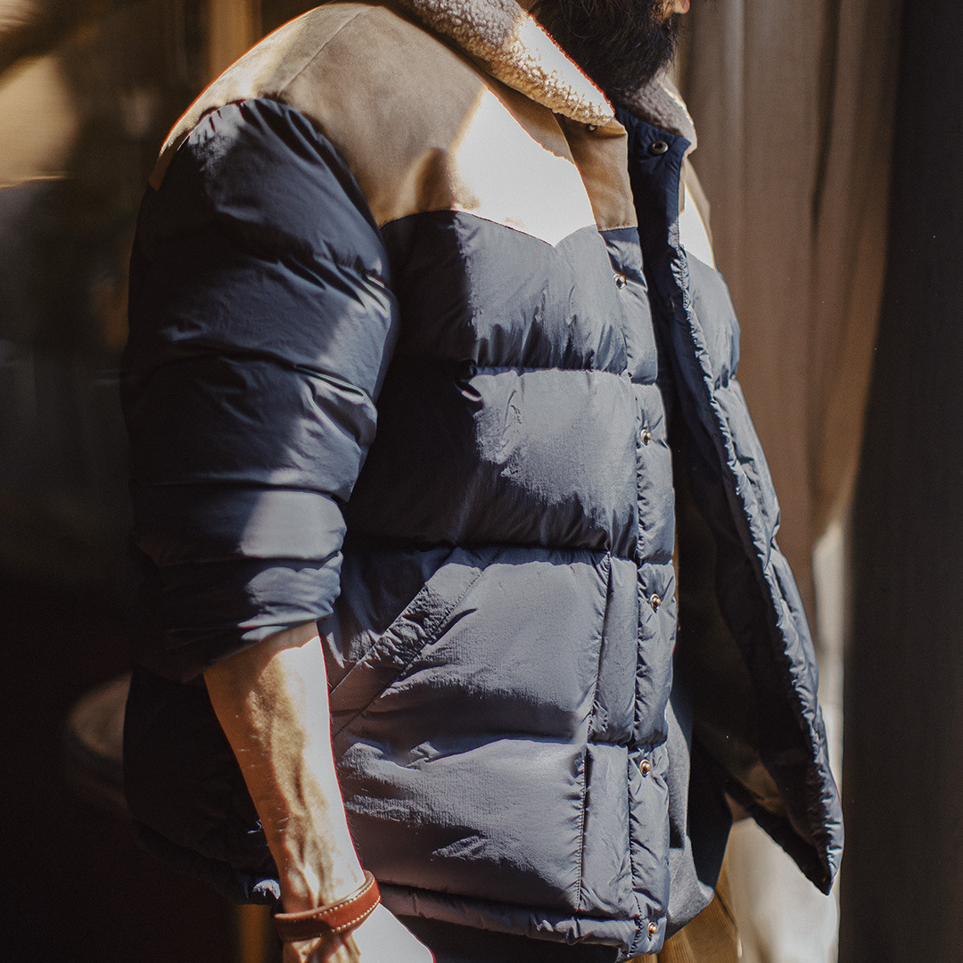 美式復古撞色絨領90白鴨絨羽絨服翻領保暖夾克外套男秋冬