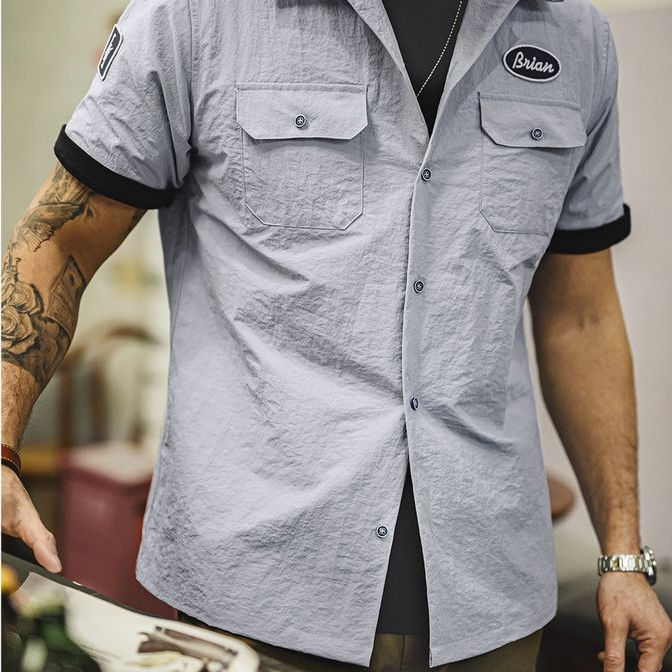 美式復古速度與激情同款古巴領襯衫硬漢vintage襯衣男夏