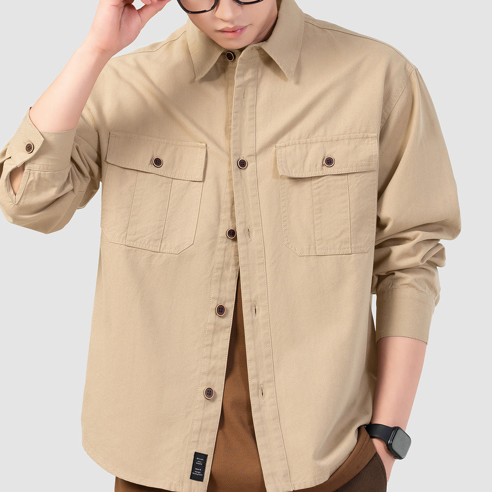 春季美式休閑cleanfit卡其色襯衣簡約工裝寸衫男外套長袖