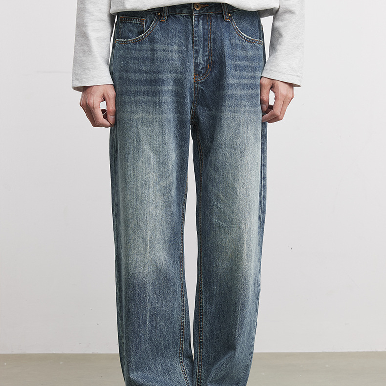藍色直筒牛仔褲石磨水洗竹節紋長褲男士春季新款寬鬆顯瘦褲子