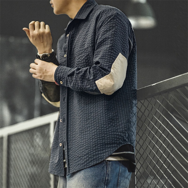 美式復古泡泡紗格子長袖襯衫肌理感翻領拼接襯衣外套男秋