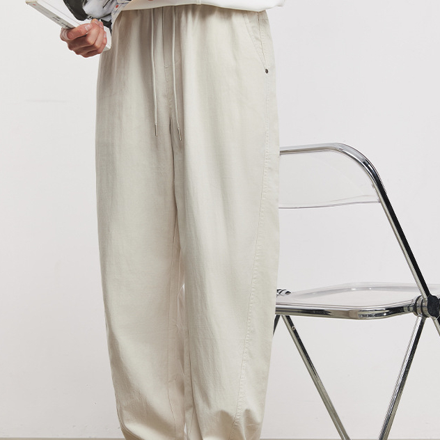 萊賽爾輕薄肌理休閒彎刀褲男夏季抽繩寬鬆透氣垂感通勤長褲