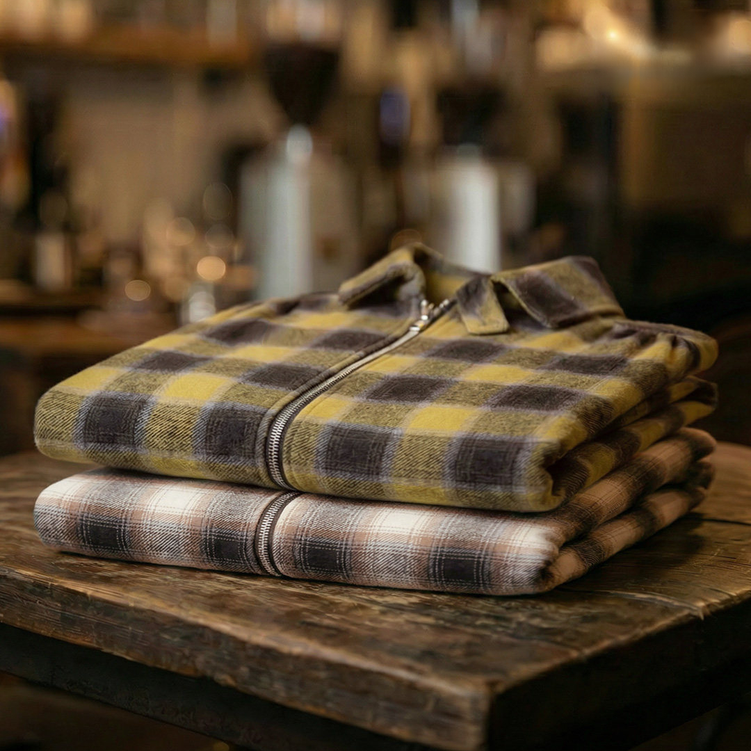 美式復古格子拉鍊襯衫翻領格紋純棉外套開衫長袖襯衣男春