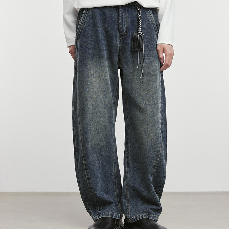 藍棱美式潮牌水洗做舊牛仔褲男秋季新款直筒寬鬆長褲子