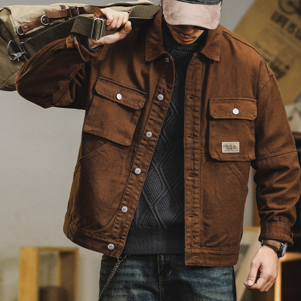美式復古多口袋工裝夾克男翻領春秋款潮牌牛仔外套男寬松純棉