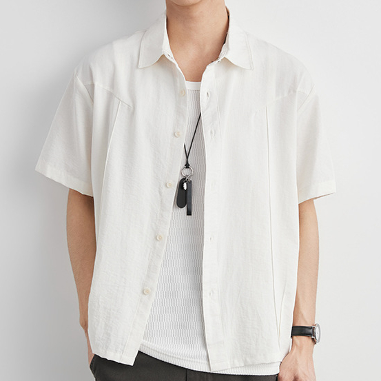 簡約輕薄古巴領短袖襯衫男夏季寬鬆落肩款日系休閒透氣襯衣