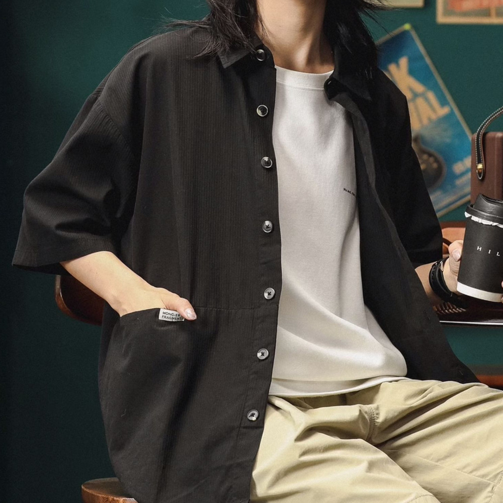 工裝短袖襯衫男寬松肌理感襯衣夏季美式高街潮牌上衣外套