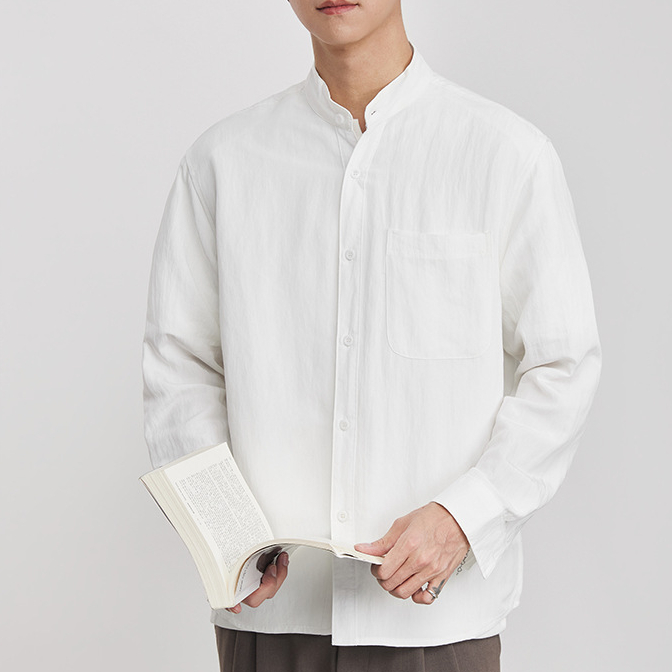 亞麻中式立領休閒襯衫男春季微闊純色休閒簡約百搭長袖上衣